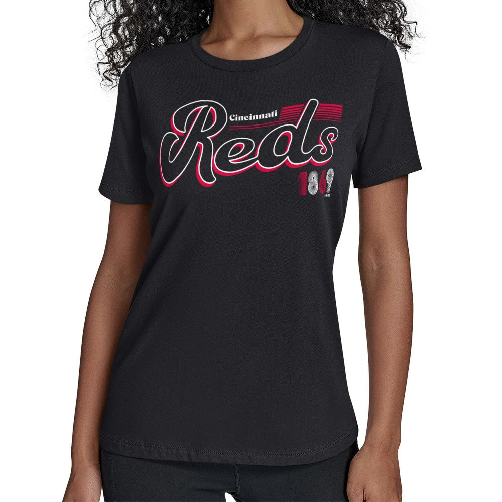 Cincinnati Reds Starter Women's Groovy Script Team Fitted T-Shirt Black
