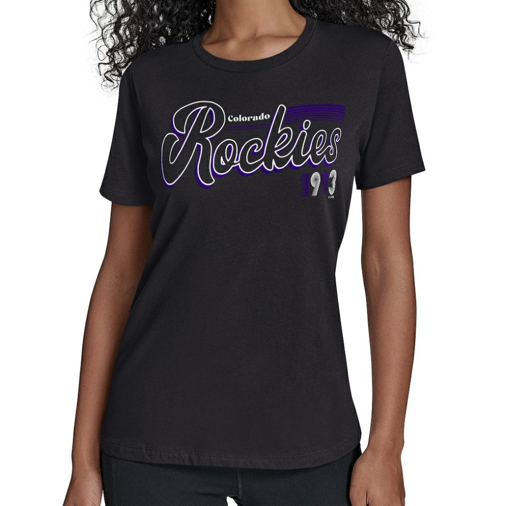 Colorado Rockies Starter Women's Groovy Script Team Fitted T-Shirt Black