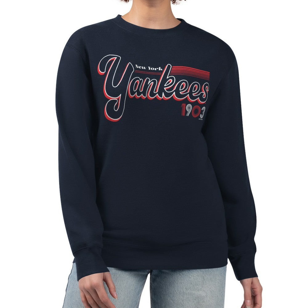 New York Yankees Starter Women's Groovy Script Team Fleece Pullover Sweatshirt Navy