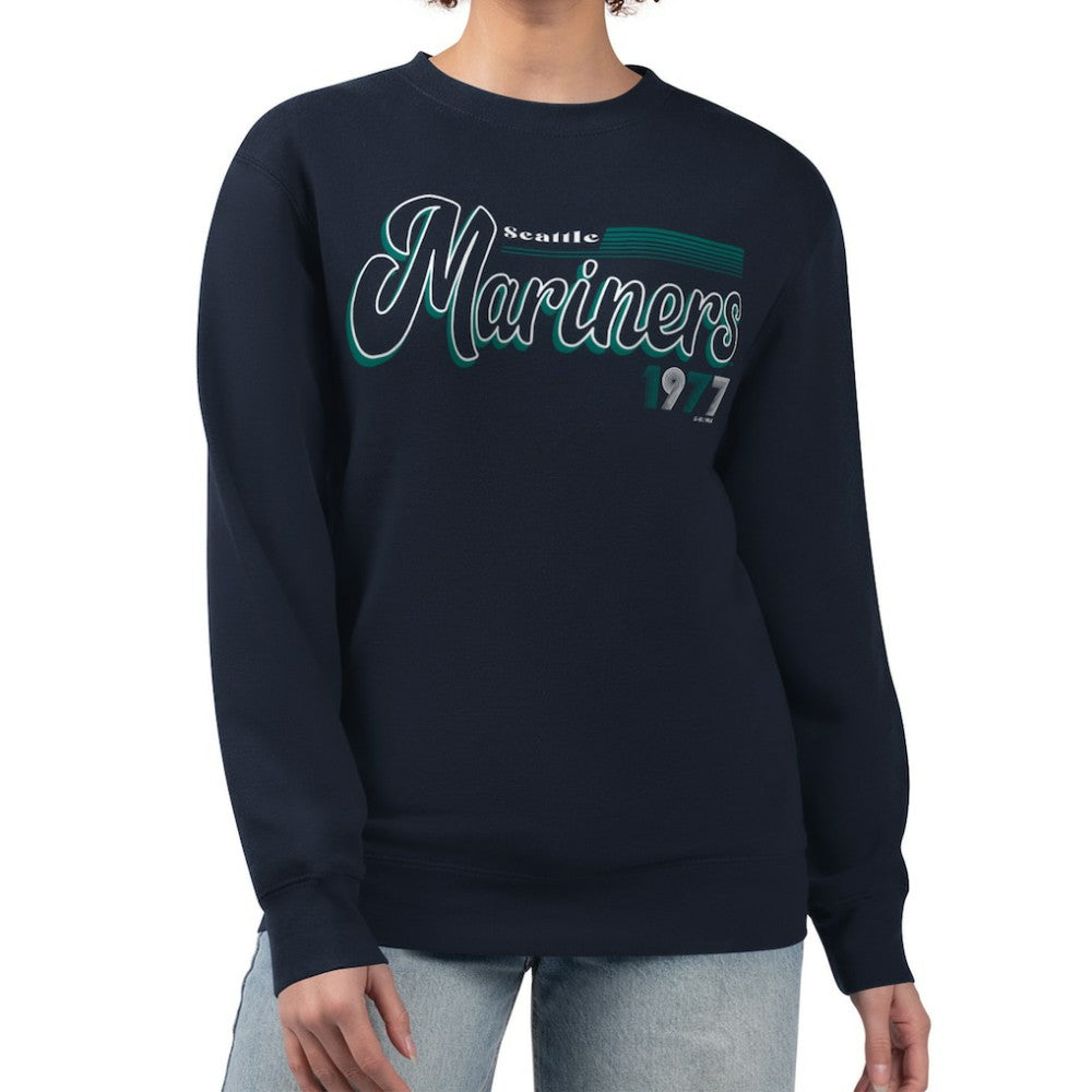 Seattle Mariners Starter Women's Groovy Script Team Fleece Pullover Sweatshirt Navy