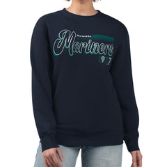 Seattle Mariners Starter Women's Groovy Script Team Fleece Pullover Sweatshirt Navy