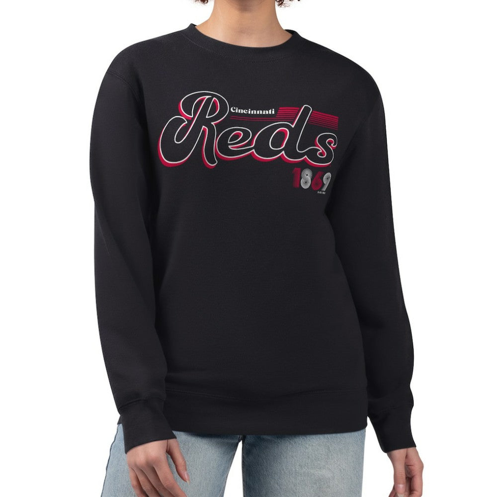 Cincinnati Reds Starter Women's Groovy Script Team Fleece Pullover Sweatshirt Black