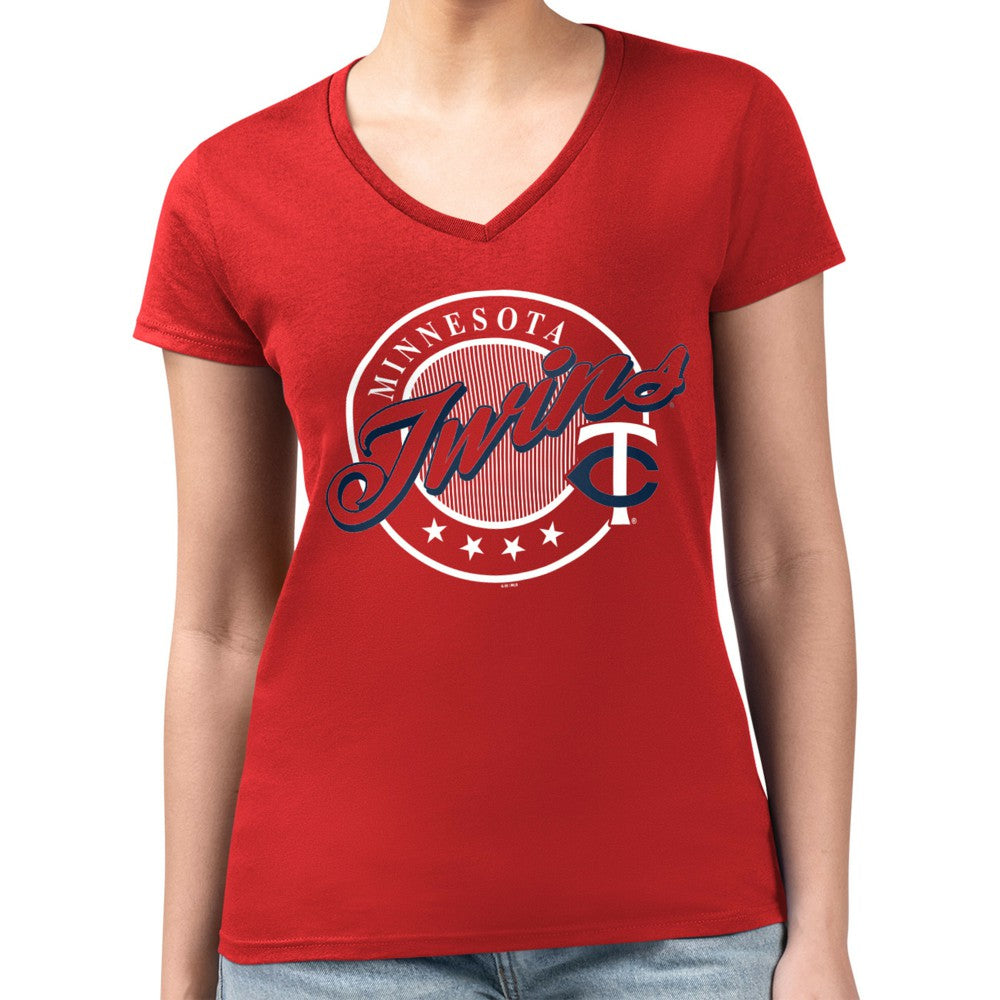 Minnesota Twins G-III 4Her by Carl Banks Women's Super-Slim Fit Lightweight Pinstripe Circle V-Neck T-Shirt Red