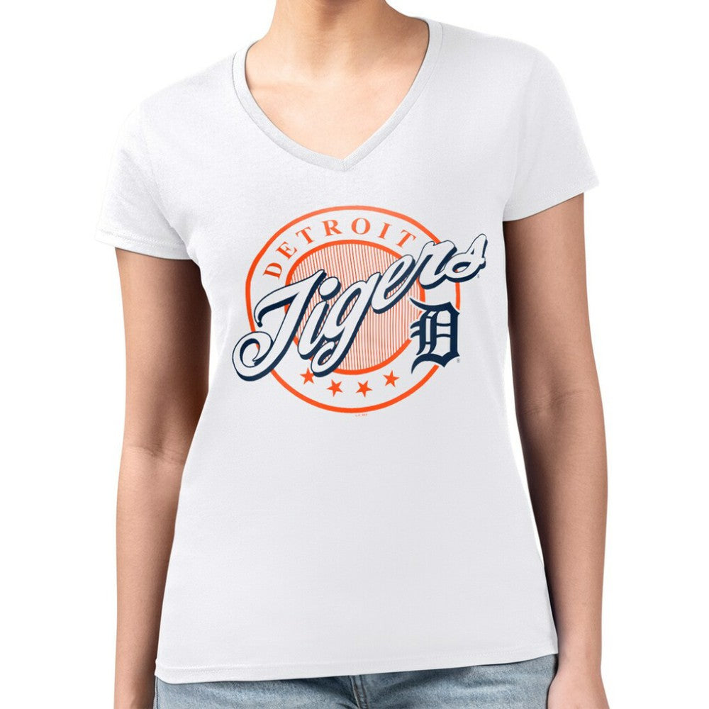 Detroit Tigers G-III 4Her by Carl Banks Women's Super-Slim Fit Lightweight Pinstripe Circle V-Neck T-Shirt White
