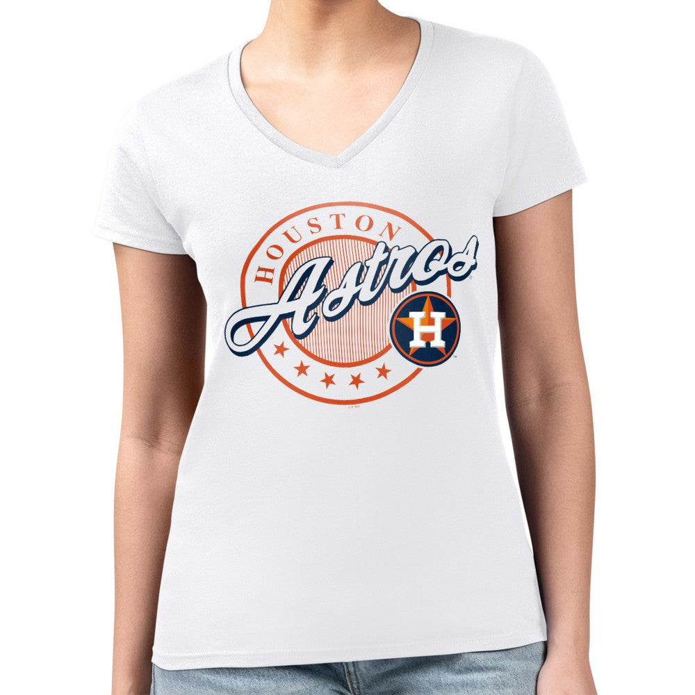 Houston Astros G-III 4Her by Carl Banks Women's Super-Slim Fit Lightweight Pinstripe Circle V-Neck T-Shirt White