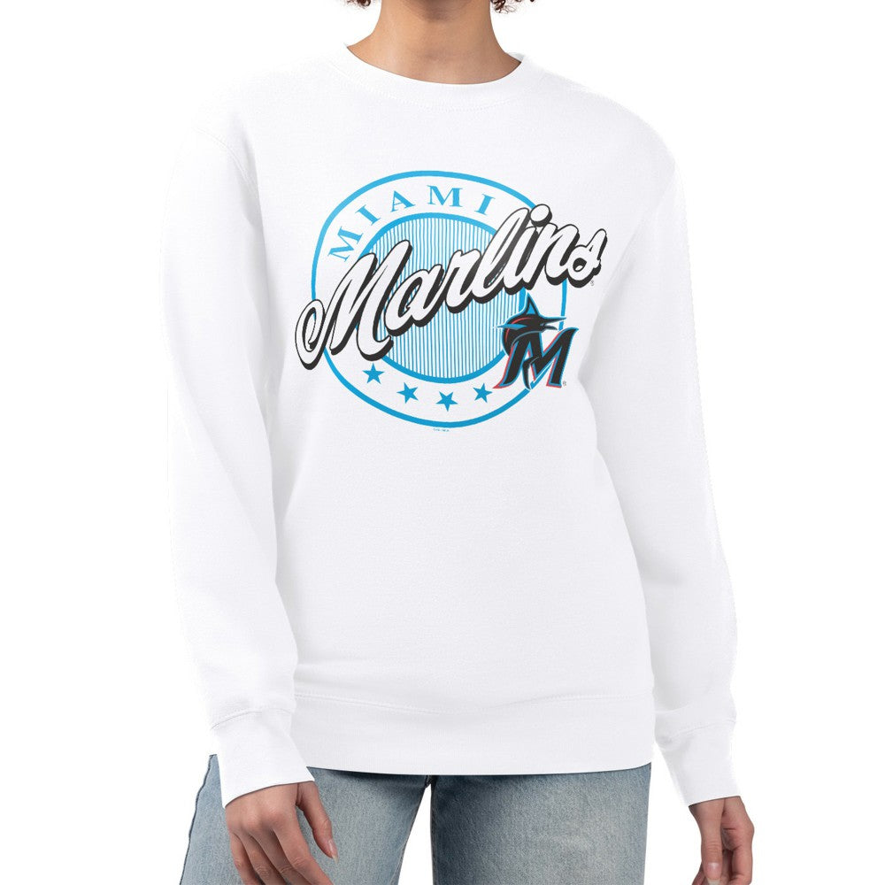 Miami Marlins G-III 4Her by Carl Banks Women's Pinstripe Circle Team Fleece Pullover Sweatshirt White