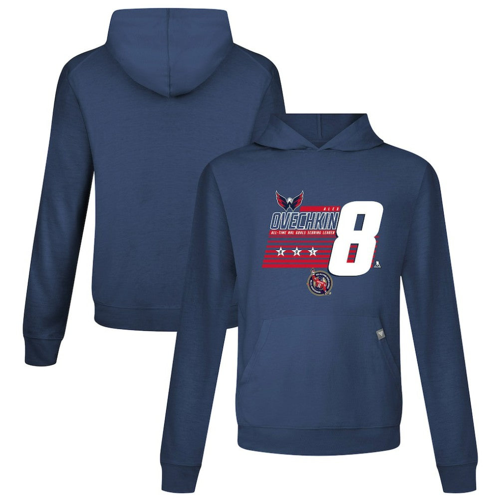Alexander Ovechkin Washington Capitals Levelwear NHL All-Time Leading Goal Scorer Milestone Stripes Name & Number Relay Pullover Hoodie Navy