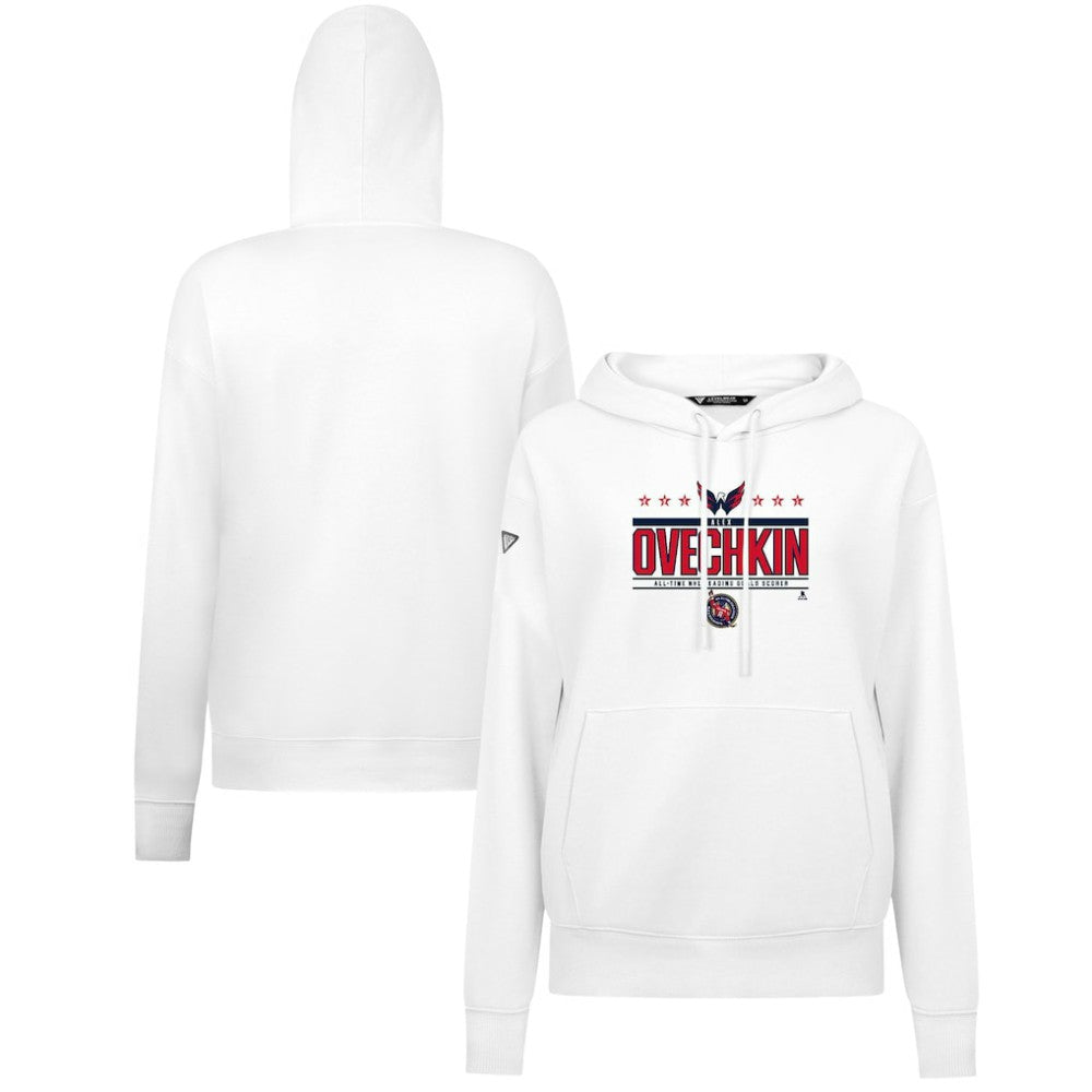 Alexander Ovechkin Washington Capitals Levelwear Women's NHL All-Time Leading Goal Scorer Milestone Stripes Name & Number Adorn Pullover Hoodie White