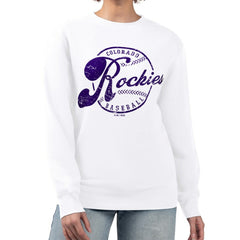Colorado Rockies G-III 4Her by Carl Banks Women's Distressed Baseball Team Fleece Pullover Sweatshirt White