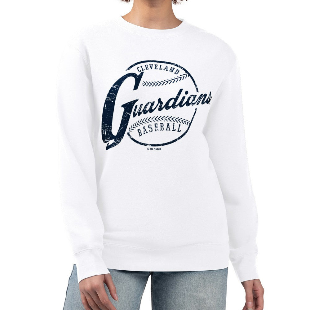 Cleveland Guardians G-III 4Her by Carl Banks Women's Distressed Baseball Team Fleece Pullover Sweatshirt White