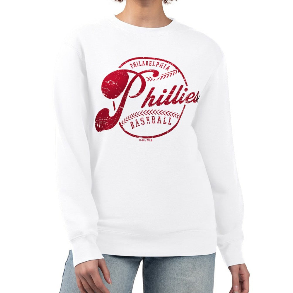 Philadelphia Phillies G-III 4Her by Carl Banks Women's Distressed Baseball Team Fleece Pullover Sweatshirt White