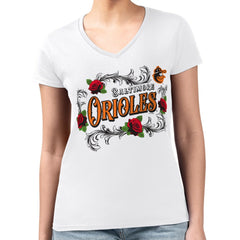 Baltimore Orioles G-III 4Her by Carl Banks Women's Super-Slim Fit Lightweight Retro Roses V-Neck T-Shirt White