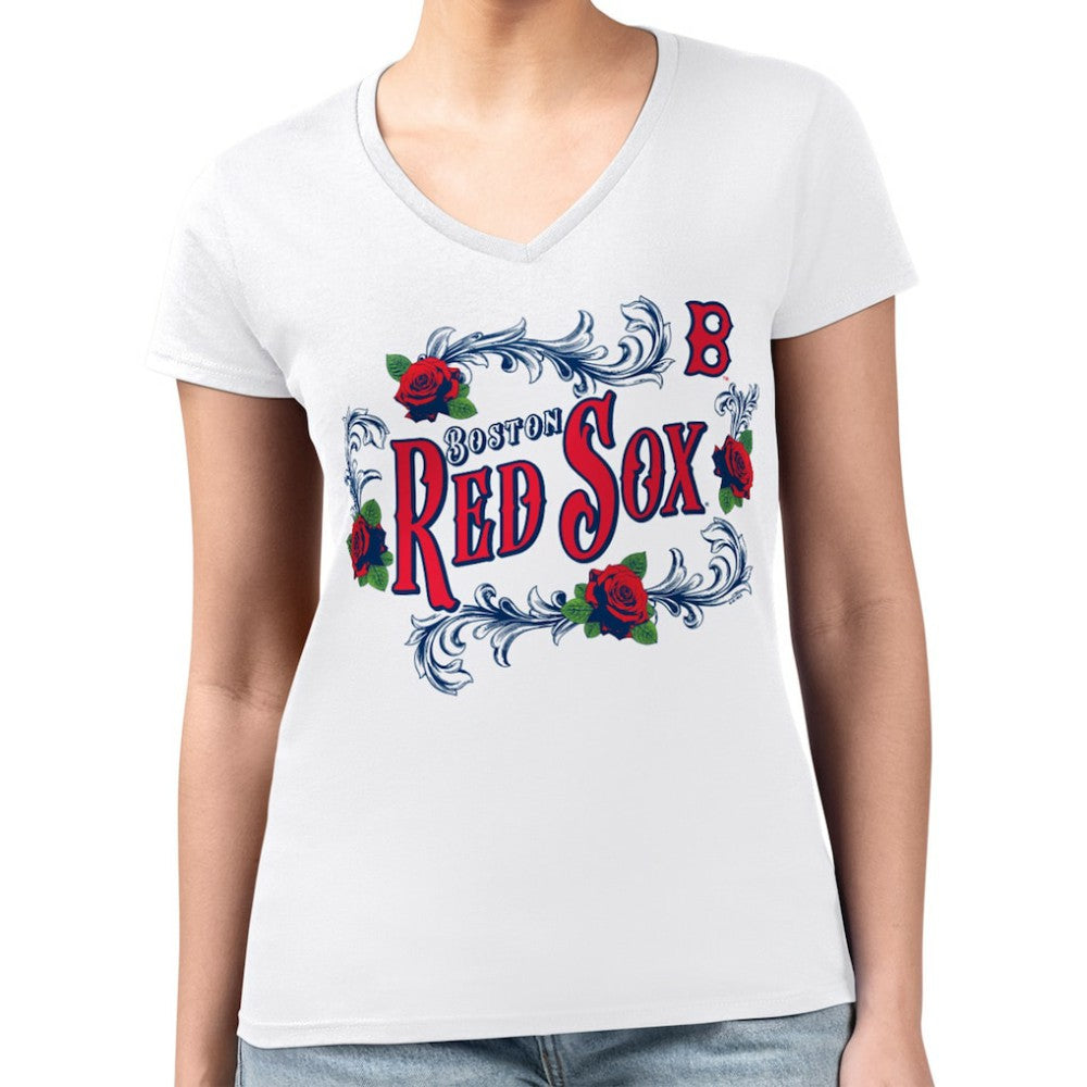 Boston Red Sox G-III 4Her by Carl Banks Women's Super-Slim Fit Lightweight Retro Roses V-Neck T-Shirt White