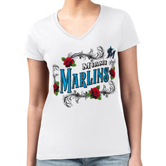 Miami Marlins G-III 4Her by Carl Banks Women's Super-Slim Fit Lightweight Retro Roses V-Neck T-Shirt White