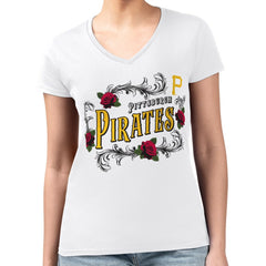 Pittsburgh Pirates G-III 4Her by Carl Banks Women's Super-Slim Fit Lightweight Retro Roses V-Neck T-Shirt White