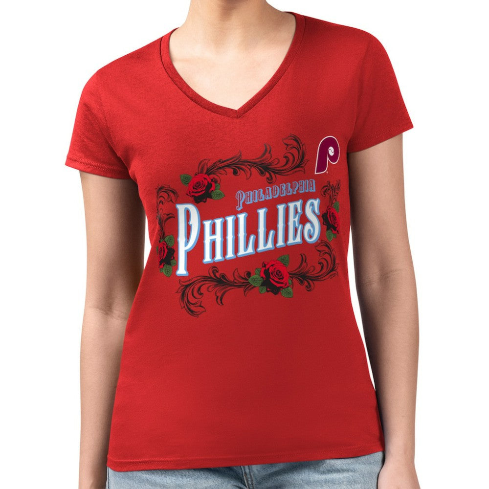 Philadelphia Phillies G-III 4Her by Carl Banks Women's Super-Slim Fit Lightweight Retro Roses V-Neck T-Shirt Red