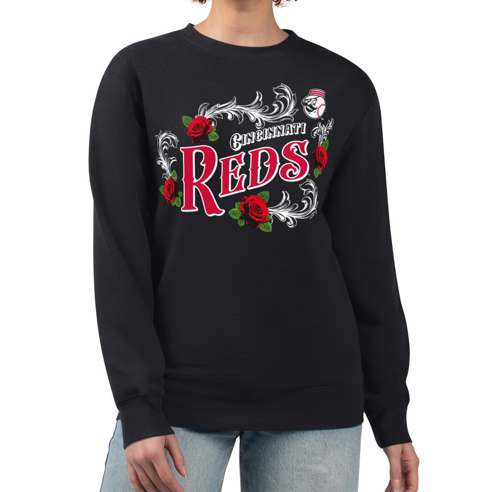 Cincinnati Reds G-III 4Her by Carl Banks Women's Retro Roses Fleece Pullover Sweatshirt Black