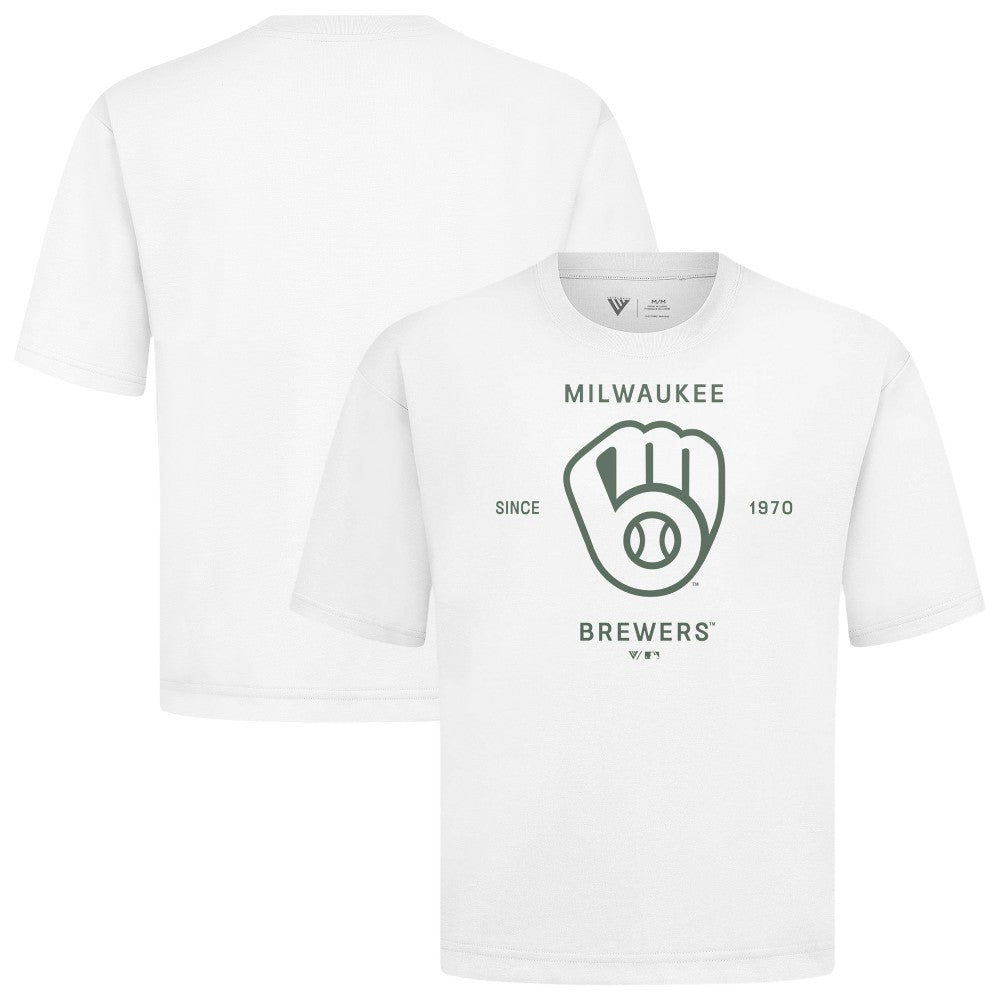 Milwaukee Brewers Levelwear Crossway Oversized Luxe Signature Knit T-Shirt White