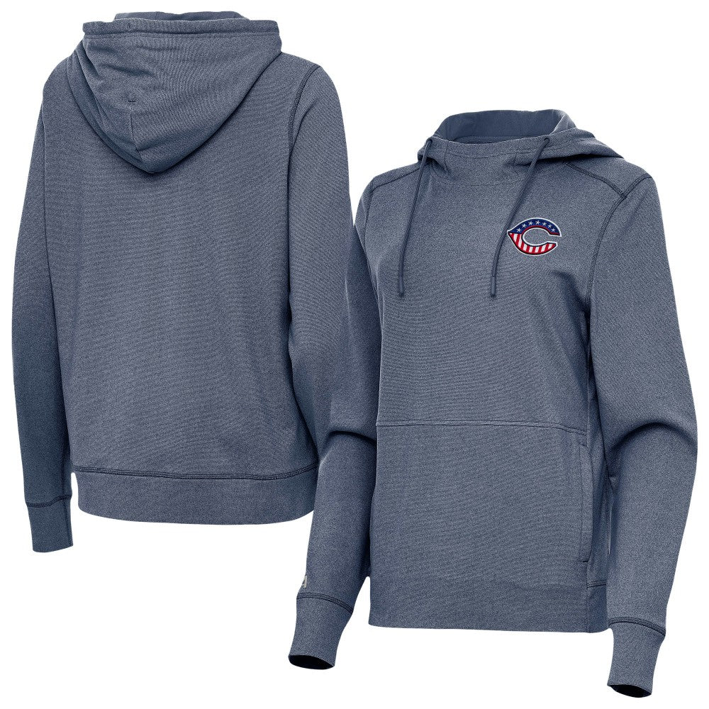 Cincinnati Reds Antigua Women's Justice Stars and Stripes Team Logo Pullover Hoodie Heather Navy