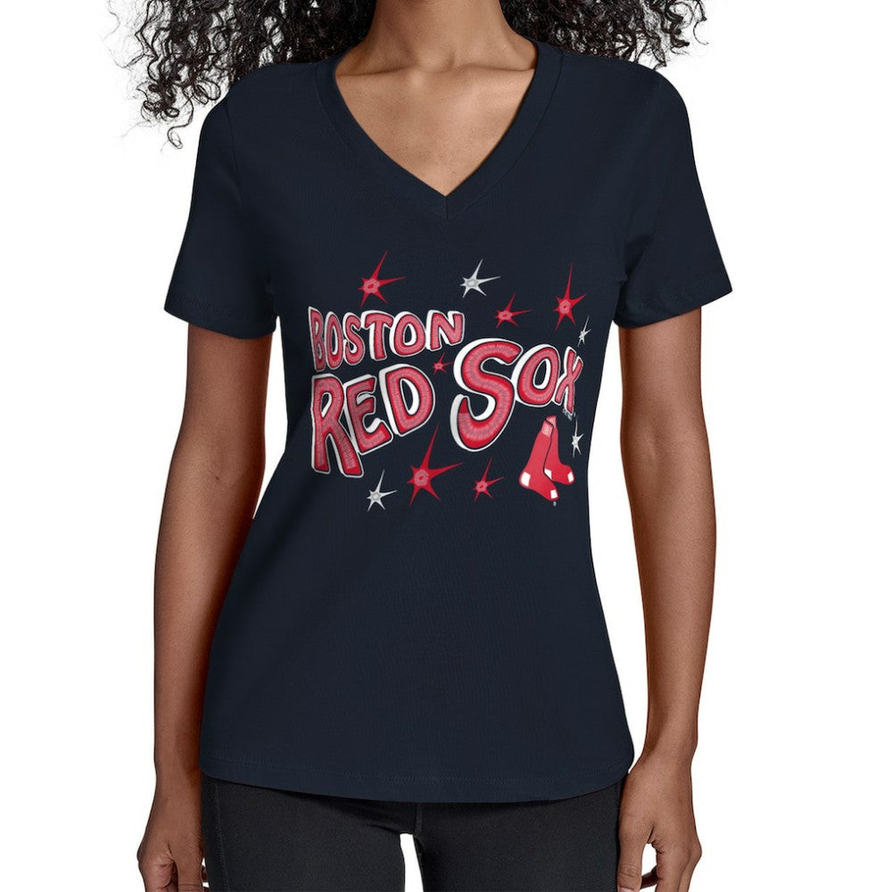 Boston Red Sox Starter Women's Fireworks V-Neck T-Shirt Navy