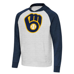 Milwaukee Brewers Antigua Urgent Pullover Hoodie Heather Navy/Gray