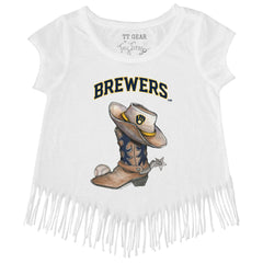 Milwaukee Brewers Tiny Turnip Girls Youth Cowboy Boot Fringe T-Shirt White