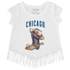 Chicago Cubs Tiny Turnip Girls Youth Cowboy Boot Fringe T-Shirt White