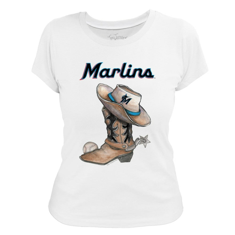 Miami Marlins Tiny Turnip Women's Cowboy Boot T-Shirt White