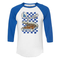 Los Angeles Dodgers Tiny Turnip Women's Pizza 3/4-Sleeve Raglan Baseball T-Shirt White/Royal