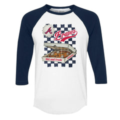 Atlanta Braves Tiny Turnip Women's Pizza 3/4-Sleeve Raglan Baseball T-Shirt White/Navy
