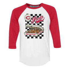 Cincinnati Reds Tiny Turnip Women's Pizza 3/4-Sleeve Raglan Baseball T-Shirt White/Red