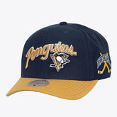 Pittsburgh Penguins Mitchell & Ness x Just Don Wave Script Pro Strapback Hat Navy/Gold