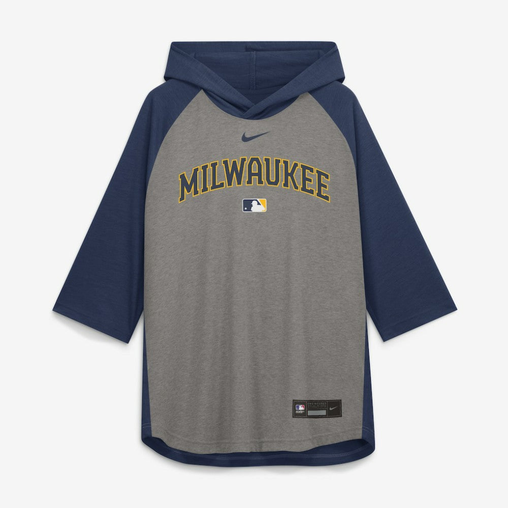 Milwaukee Brewers Authentic Collection Flux Dri-FIT Raglan 3/4-Sleeve Hooded T-Shirt Gray | Nike