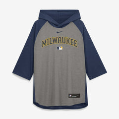 Milwaukee Brewers Authentic Collection Flux Dri-FIT Raglan 3/4-Sleeve Hooded T-Shirt Gray | Nike