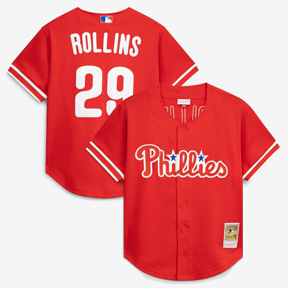 Jimmy Rollins Philadelphia Phillies Cooperstown Mesh Batting Practice Button-Up Jersey - Red