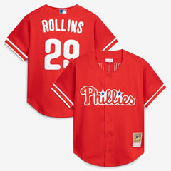 Jimmy Rollins Philadelphia Phillies Cooperstown Mesh Batting Practice Button-Up Jersey - Red
