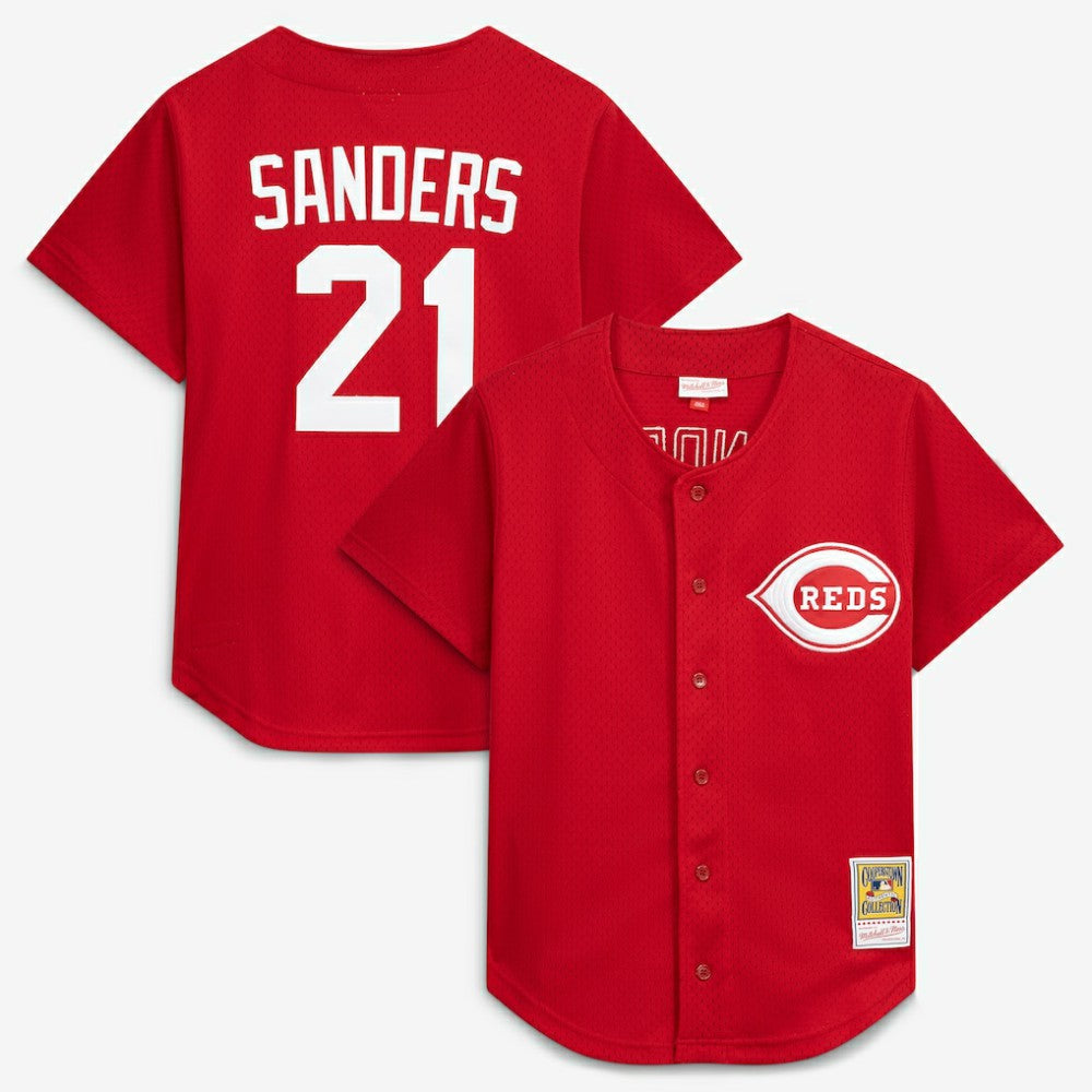 Deion Sanders Cincinnati Reds Cooperstown Mesh Batting Practice Button-Up Jersey Red | Mitchell & Ness