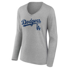 Los Angeles Dodgers Women's Team Lockup Long Sleeve V-Neck T-Shirt Gray