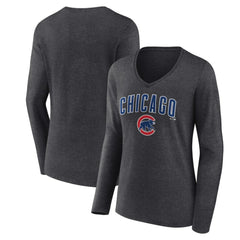 Chicago Cubs Women's Team Lockup Long Sleeve V-Neck T-Shirt Charcoal