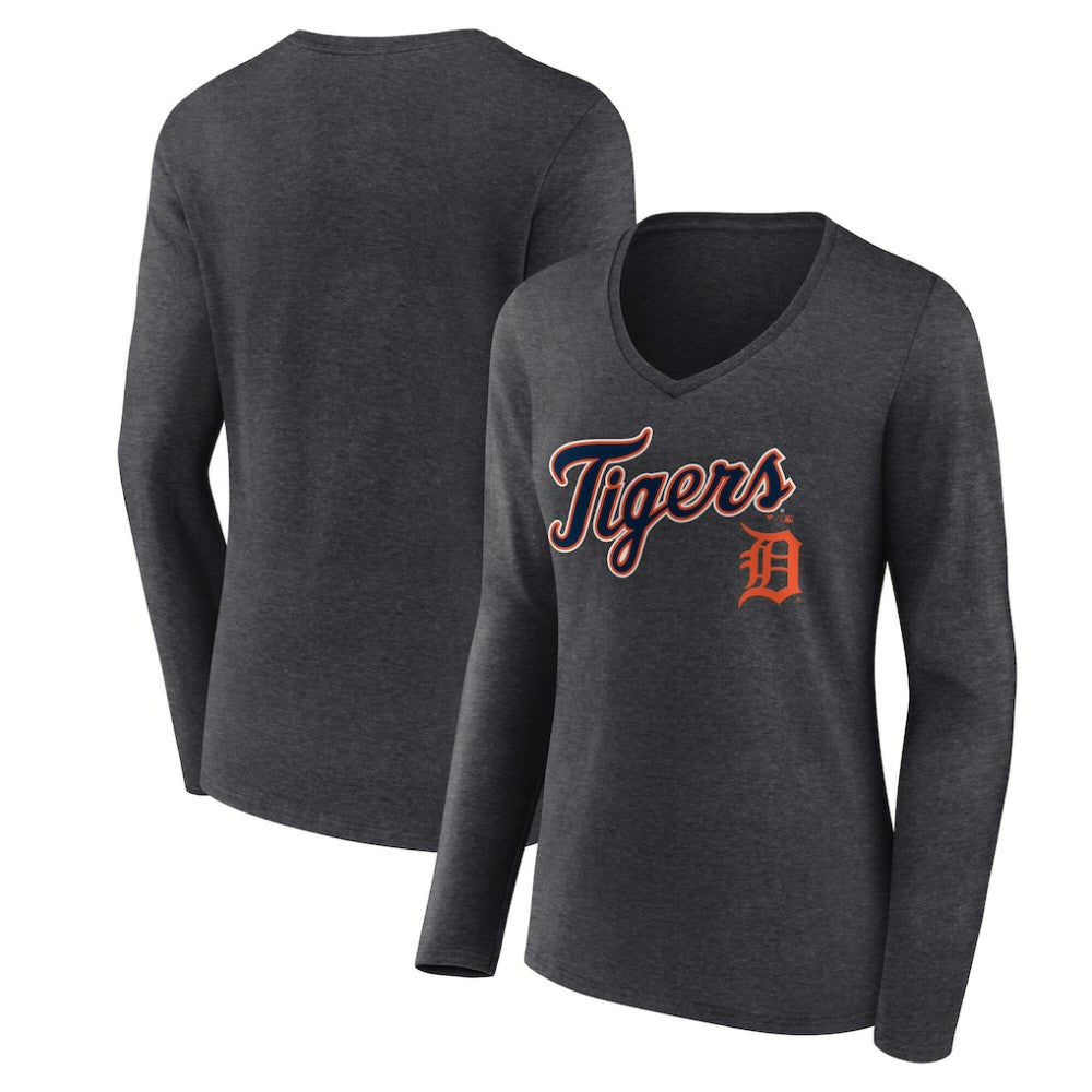 Detroit Tigers Women's Team Lockup Long Sleeve V-Neck T-Shirt Charcoal