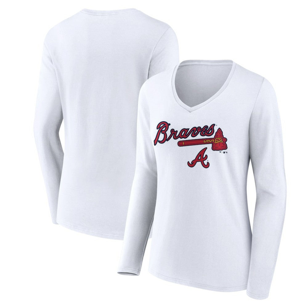 Atlanta Braves Women's Team Lockup Long Sleeve V-Neck T-Shirt White