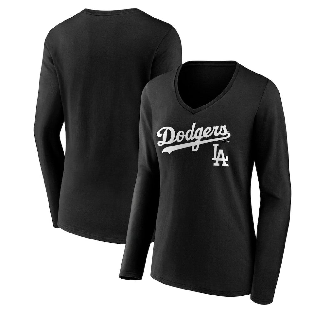 Los Angeles Dodgers Women's Team Lockup Long Sleeve V-Neck T-Shirt Black