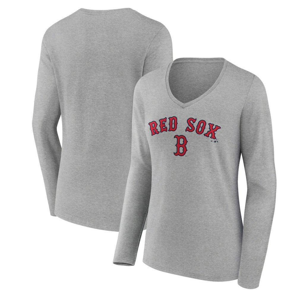 Boston Red Sox Women's Team Lockup Long Sleeve V-Neck T-Shirt Gray