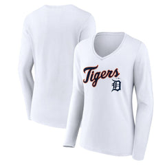 Detroit Tigers Women's Team Lockup Long Sleeve V-Neck T-Shirt White