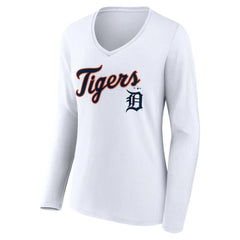 Detroit Tigers Women's Team Lockup Long Sleeve V-Neck T-Shirt White