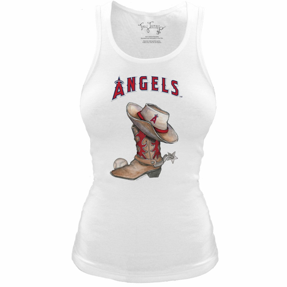 Los Angeles Angels Tiny Turnip Women's Fitted Vintage Cowboy Boot Tri-Blend Tank Top White