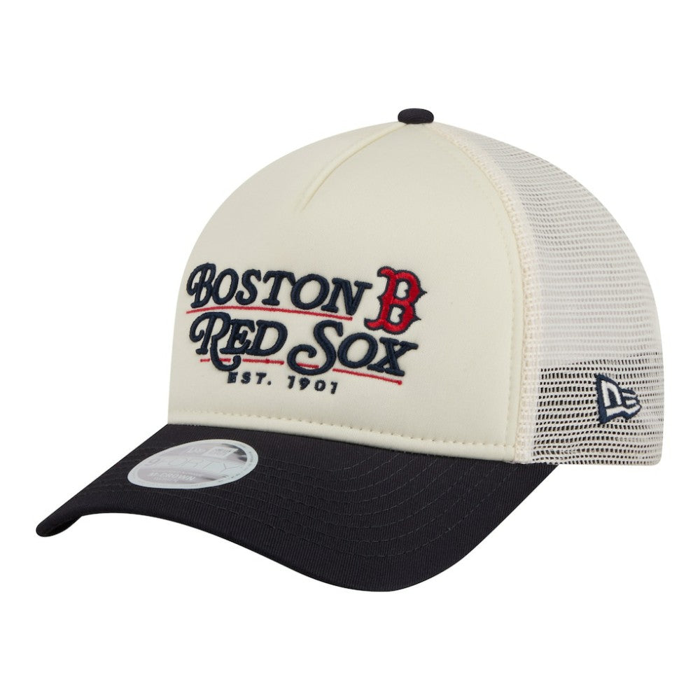 Boston Red Sox Women's Retro 9FORTY M-Crown A-Frame Trucker Adjustable Hat Light Beige/Navy | New Era