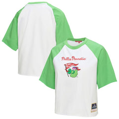 Philadelphia Phillies Women's Cropped Raglan Mascot Boxy T-Shirt White | Mitchell & Ness