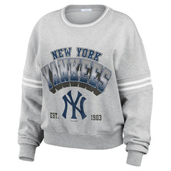 New York Yankees WEAR by Erin Andrews Women's Sleeve Stripe Fleece Crewneck Sweatshirt Gray