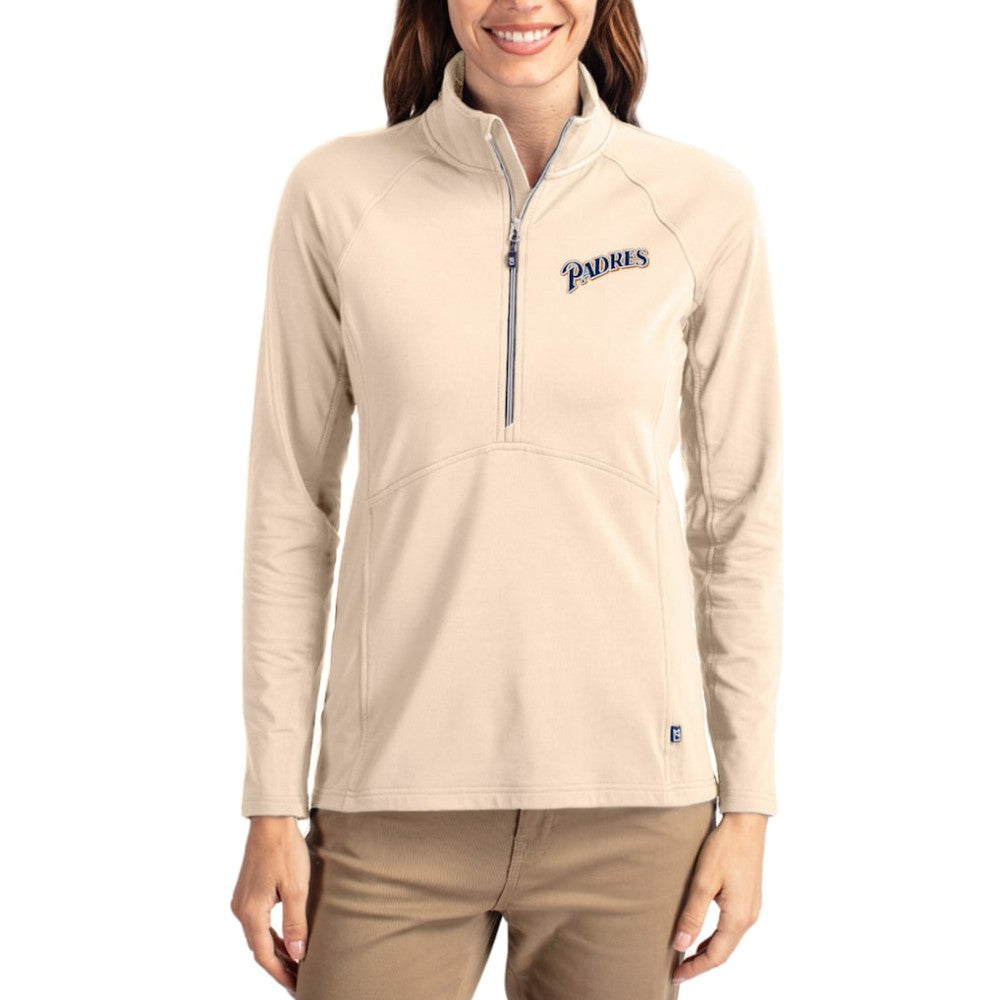San Diego Padres Cutter & Buck Women's Cooperstown Collection Adapt Eco Knit Stretch Half-Zip Pullover Tan